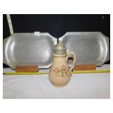 IRONSTONE PITCHER 8" H, 2 PEWTER TRAYS WITH