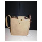 SUEDE BAG WITH THERMOS, BLANKET & UMBRELLA