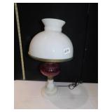 CHERRY/ MILK GLASS W/ WHITE SHADE 18"