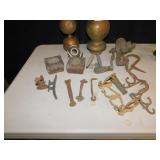 ANTIQUE HOOKS, MEAT GRINDER, BRASS POST TOP, ETC.