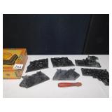 6 IRON MOLDING STAMPS W/ HANDLES AND CIGAR BOX