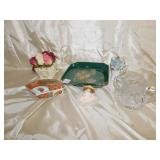 ETCHED GLASS CREAMER, TRAY, ROSES,