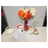 ORANGE ART GLASS VASE, SANTA NAPKIN HOLDER ETC.