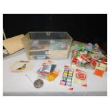 CLEAR ACRYLIC BOX OF SEWING NOTIONS AND SUPPLIES