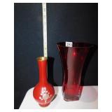 MOTHER PEARL INLAY BRASS 6.5" H VASE, RED
