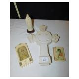 GROUP OF RELIGIOUS ITEMS, MARBLE CROSS 12" BROKEN