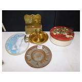 BRASS CANDLESTICK, BRASS WALL BOX, TIN TRAY, ETC.