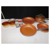 COPPER CHEF 2.8 QT. 3 FRY PANS USED, RAMIKINS,
