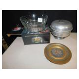CRYSTAL BOWL, METAL WALL PLAQUE, SERVING POT