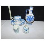 DELF TEACUP AND SAUCER, CRUET, SHOT GLASS