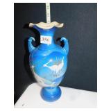 12" H ENAMELED VASE W/ CRANES DOUBLE HANDLE