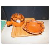 MEXICAN POTTERY POT, BOWL, WOOD SERVING TRAY