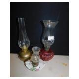 OIL LAMPS, 1 BRASS, 1 FINGER LAMP AND PINK GLASS