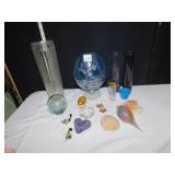 GERMAN EGG TRINKET BOX, SHELLS, BUD VASES, GLASS