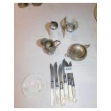 6 MOTHER OF PEARL KNIVES, MILK GLASS SALT/PEPPER,