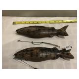 DISTRESSED PAINTED WOOD FISH WITH GLASS EYES,