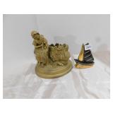 BRASS TONE PLANTER OF WOMAN IN GARDEN MARKED CS