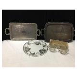 2 SILVER PLATED TRAYS, 25TH ANNIV. GLASS SERVING