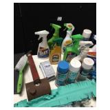 ASSORTED CLEANING PRODUCTS, BUNGEES, BUG SPRAYER,