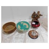 WOVEN BASKETS, WOOD MUSICIANS, RED VASE AND