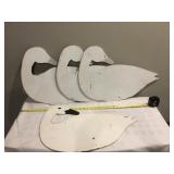 4 WOOD PAINTED SWANS, ONE WITH FACE, OTHERS READY