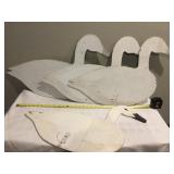 4 WOOD PAINTED SWANS, ONE WITH FACE, OTHERS READY