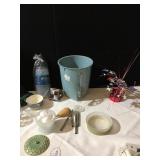 ASSORTED BATH SET, CAN, FLOWERS ETC.
