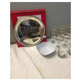 HAPPY HOLIDAYS TRAY, 10 GOBLETS 2 GLASSES
