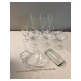 GLASS BUTTER DISH, CANDY DISH, GOLD RIM GLASSES,