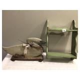 PAINTED GREEN WALL SHELF AND SWAN ON WHEELS 20" H