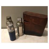 LEATHER CARRIER W/ THREE THERMOS - ONE NO GLASS