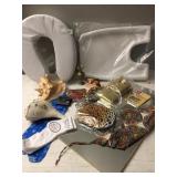 NEW NECK PILLOW, NEW PLASTIC TRAY, NEW GOLD CROSS