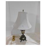 METAL AND BLUE GLASS LAMP, 23"