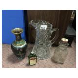 CRYSTAL PITCHER, ASIAN THEME ENAMELED BRASS, SNOW