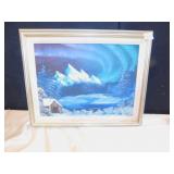 MOUNTAIN SCENE ON BOARD W/ COVERED BRIDGE ON