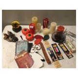 ASSORTED CANDLES, WIND CHIMES, SNOW GLOBE WITH