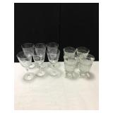 6 MATCHING ETCHED GLASS STEMED WINE AND PRESSED