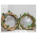CORK WREATH, MIRRORED GRAPEVINE DISPLAY AND FAUX