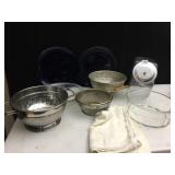 BLUE BLOWN GLASS PLATES, STORE JAR, STAINLESS