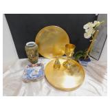 3 GOLD CHARGERS DISPLAY TRAY, BRASS CHALICE,