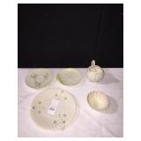 BELLEEK PITCHER, SUGAR, SAUCER AND 2 PLATES