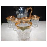 GOLD RIM PITCHER AND 7 TUMBLERS GOLD TRIM