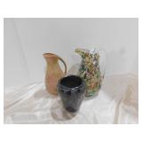 ART GLASS PITCHER, BLACK ETCHED VASE AND POTTERY