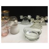 DOUBLE CANDLE HOLDER, GOLD RIM BOWLS AND GLASSES,