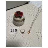 GOLD RING AND AMBER STONE NECKLACE NOT MARKED AND