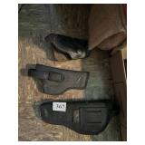 3 HOLSTERS, WOOD EASEL, ETC.