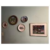 WOOD FRAME PLATE, PRINT FRAMED ETC.