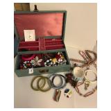 JEWELRY BOX W/ VINTAGE ENAMEL PINS BRACELETS,