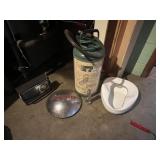 SPRAYER, VINTAGE HUB CAP, RADIO, BED PAN.