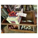 WOOD BOX 2 TIER AND EMPTY SHELLS TO RELOAD